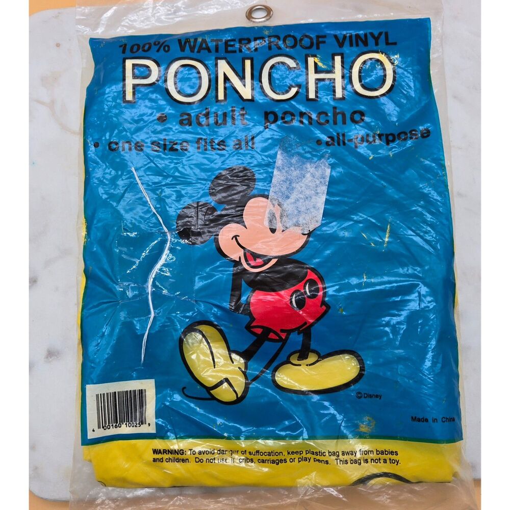 Deadstock Disney Yellow Poncho Mickey Mouse New in Package Adult Unisex OS